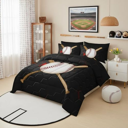 QOOMO Baseball 7 Pieces Comforter Set Twin Size,Honeycomb Bedding Set for Kids-Include 1 Comforter,1 Fitted Sheet,1 Flat Sheet,2 Printing Pillowcases and 2 Black Pillowcases
