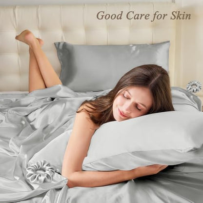 Vielit Queen Satin Pillowcase for Hair 2pc,Similar to Silk Pillow Cases,Easier Care Than Silk Pillowcase,Gifts for Women Men,Silver Grey,20x30 & Envelope Closure and 2 Satin Scrunchies