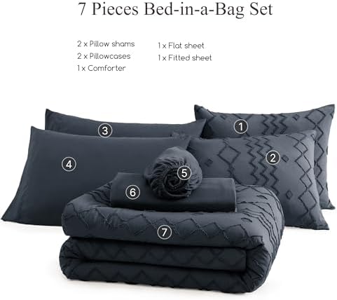 King Size Comforter Set Navy Blue Tufted Boho Geometric Bedding 7 Pieces