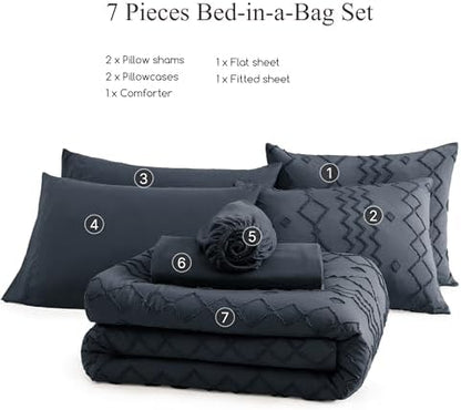 King Size Comforter Set Navy Blue Tufted Boho Geometric Bedding 7 Pieces