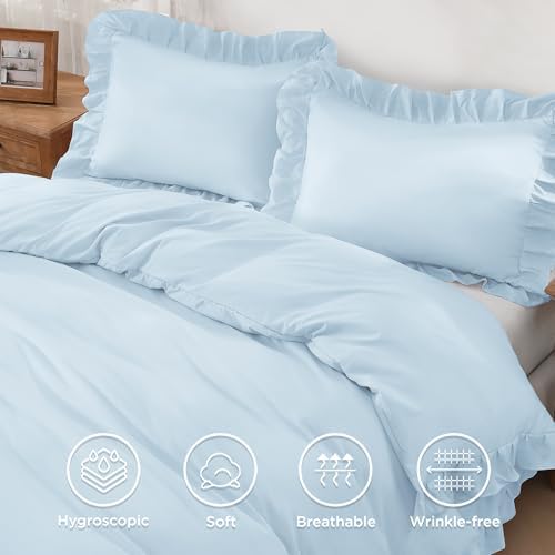 Andency Light Blue Ruffle Duvet Cover King, Shabby Chic Bedding Set