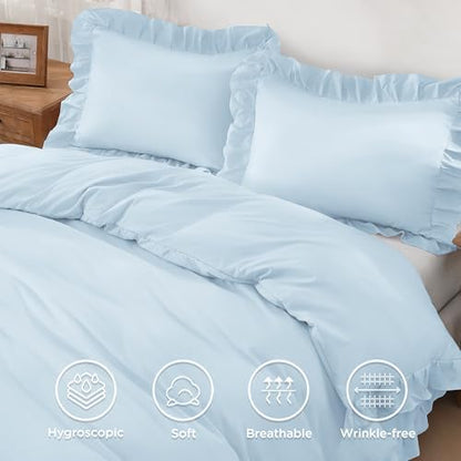 Andency Light Blue Ruffle Duvet Cover King, Shabby Chic Bedding Set