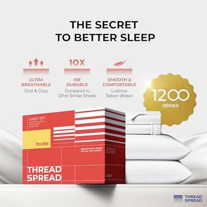 THREAD SPREAD 100% Egyptian Cotton Queen Sheets Set - 1200 Series Plush Collection Luxury Egyptian Cotton Sheets Queen Size Deep Pocket (4 PC, White), Soft, Cooling, Sateen Weave Sheet Set