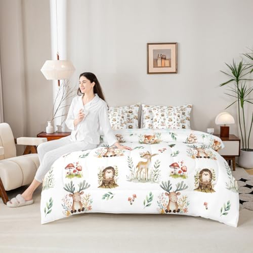 Erosebridal Woodland Animal 7 Piece Kids Comforter Set Kawaii Deer Hedgehog Squirrel Queen Bedding Set for Boys Girls Child Cartoon Animals Sheet Set Cute Mushroom Pine Cones Leaves Botanical Quilt