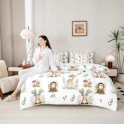 Erosebridal Woodland Animal 7 Piece Kids Comforter Set Kawaii Deer Hedgehog Squirrel Queen Bedding Set for Boys Girls Child Cartoon Animals Sheet Set Cute Mushroom Pine Cones Leaves Botanical Quilt