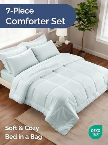Full Comforter Set - 7 Piece Bed in a Bag Full Size Bed Set - Ice Blue