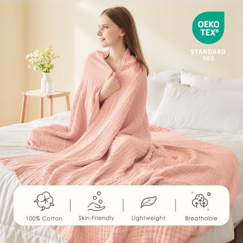 EMME Muslin Blankets for Adults Throw Blanket for Couch Breathable Gauze Soft Lightweight Airy Light Pink Twin 60" x 80"
