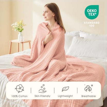 EMME Muslin Blankets for Adults Throw Blanket for Couch Breathable Gauze Soft Lightweight Airy Light Pink Twin 60" x 80"
