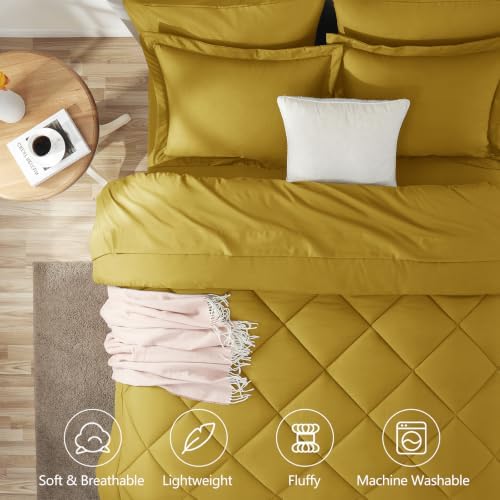 CozyLux Queen Comforter Set 88"x88" Mustard Yellow - 7 Piece Bed in a Bag