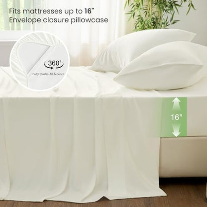 Love's cabin 4 Piece King Size Sheet Set, 100% Rayon Derived from Bamboo, Cooling & Breathable, Soft Silky Deep Pocket up to 16", Hotel Luxury Bedding for Hot Sleepers, Ivory