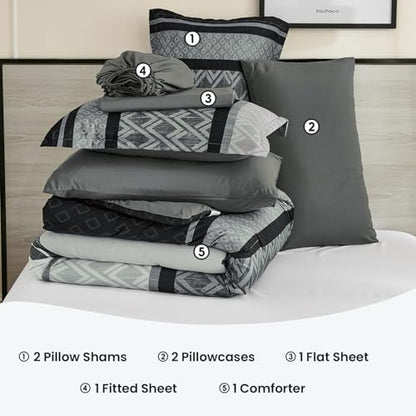 Cottolester Boho Comforter Set King Size,Black Gray Striped Bed in a Bag