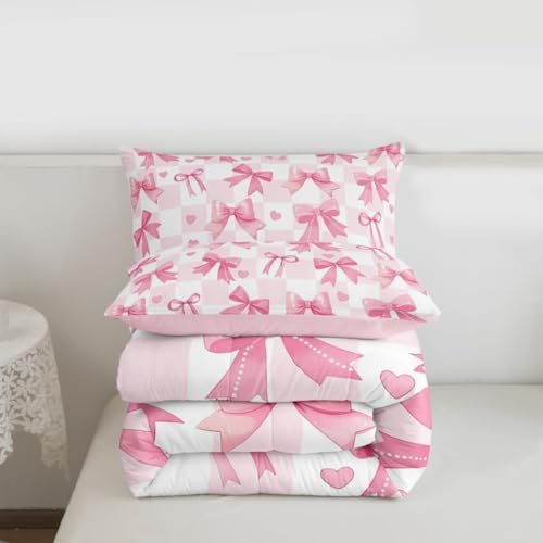 jejeloiu Watercolor Bow Kids Comforter Set Twin Size Pink Bow Bedding Set Dreamy Princess Style Duvet Quilt for Kids Boys Girls Bedroom Decor Microfiber Ultra Soft Breathable