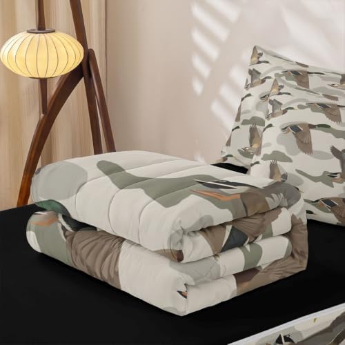 Feelyou Mallard Duck Zipper Bedding Brown Camouflage Comforter Set for Kids Boys Girls Queen Size Cabin Lodge Camo Zippered Kids Bedding Set Ultra Soft Wild Hunting Bed in a Bag