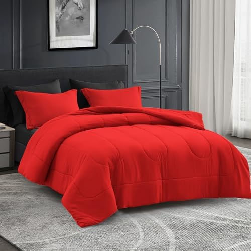 Maple&Stone Full Comforter Set 7 Pieces Bed in a Bag Red & Black Bed Set