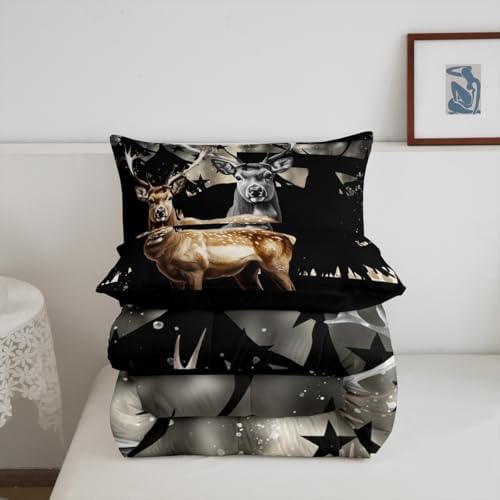 Feelyou Snowy Forest Deer Comforter Set with 1 Pillowcases,Camo American Flag Toddler Bed in a Bag Rustic Hunting Wild Animal Bedding Set for Teen Mens Bedroom Decor,Elk Comforter Boys Room Decor