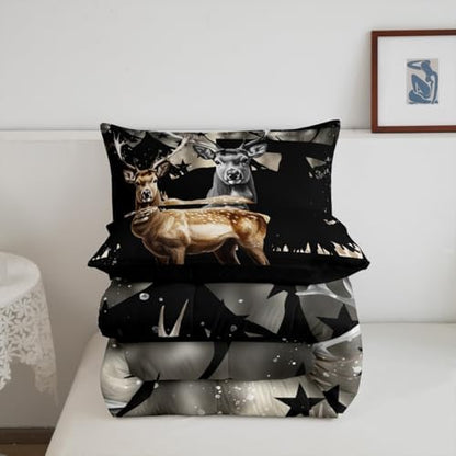 Feelyou Snowy Forest Deer Comforter Set with 1 Pillowcases,Camo American Flag Toddler Bed in a Bag Rustic Hunting Wild Animal Bedding Set for Teen Mens Bedroom Decor,Elk Comforter Boys Room Decor