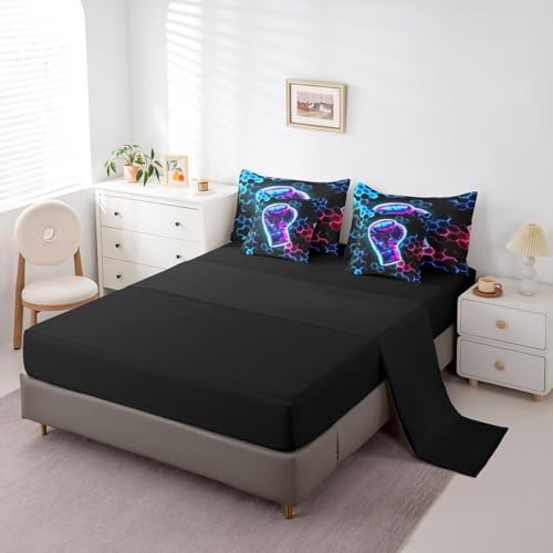 Erosebridal Boxing Gifts Comforter Sets with Sheets - 3D Glitter Gloves Bedding Set King for Boys Girls Colorful Neon Lights 7Pcs Bed in A Bag, Hexagon Honeycomb Bed Set