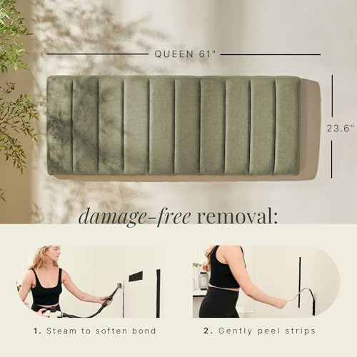 Nestl Upholstered Queen Headboard - Easy Assemble Channel Stitched Headboard Queen Size - Wall Mounted Headboards with 3D Soundproof Wall Panels Peel & Stick Floating Headboards, Olive Green