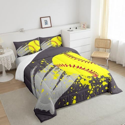 Softball Pattern Comforter Set for Teens Sports Games Bedding Set Yellow Ball Bedding Home Decor for Kids Comforter Twin Size 2 Pcs Watercolor Quilted Duvet Set 1 Comforter with 1 Pillowcase