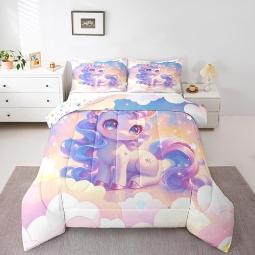 Castle Fairy Unicorn Girls Comforter Set Twin,Kids Cartoon Cute Reversible Quilt Sets Girly Girls Boys Rainbow Unicorn Bedding Set Kawaii Animal Pattern Duvet Insert with 1 Pillowcase Pink Purple