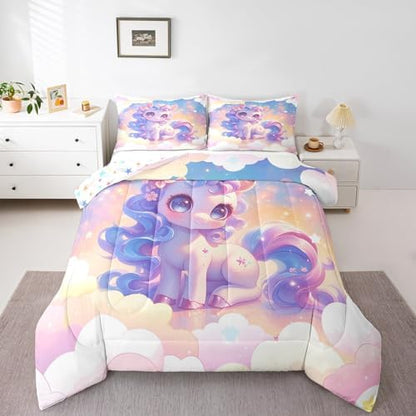 Castle Fairy Unicorn Girls Comforter Set Twin,Kids Cartoon Cute Reversible Quilt Sets Girly Girls Boys Rainbow Unicorn Bedding Set Kawaii Animal Pattern Duvet Insert with 1 Pillowcase Pink Purple