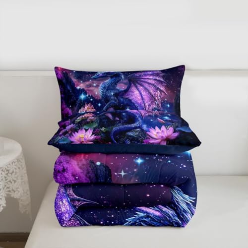 Feelyou Dragon Comforter Set Full Size Dragon Stuff Bedding Set for Kids Boys Girls Wild Life Duvet Quilt Magic Wildlife Bedroom Decor Dull Purple Microfiber 3 Pcs with 2 Pillow Cases