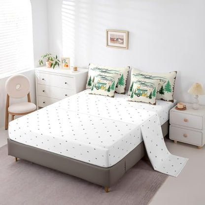 Erosebridal Camping Themed Comforter Set Queen Size,Travel RV Bedding Set for Kids Teens,Vintage Watercolor (Comforter+Fitted+Flat Sheet+2 Pillowcases+2 Throw Pillow Covers) 7 Pieces Bed Set