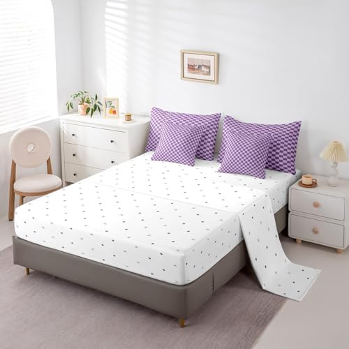 jejeloiu Purple Bedding Set 7Pcs King Size Kids Buffalo Plaid Comforter Set with Sheets for Boys Girls Checkered Grid Bed in a Bag Soft Lightweight,Microfiber