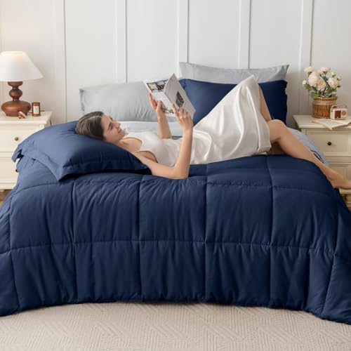 JOLLYVOGUE Oversized King Comforter Set, Ultra-Soft Bed in a Bag 7 Pieces, Oeko-TEX Certified Bedding Set with Down Alternative Comforter, Sheets, Pillowcases & Shams, Navy Blue & Light Grey