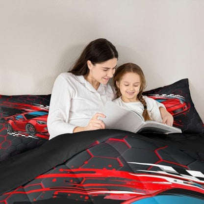 Sports Car Comforter Set Full,Red Race Car Extreme Sport Bedding Set 3pcs for Kids Teens Boys,Competitive Gaming Duvet Insert Set Black White Honeycomb Grid Quilted Duvet Set with 2 Pillowcases