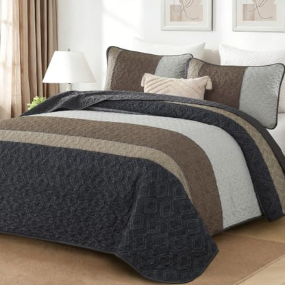 Cottolester Quilts Queen Size,Grey Brown Striped Bedspread Coverlet Set