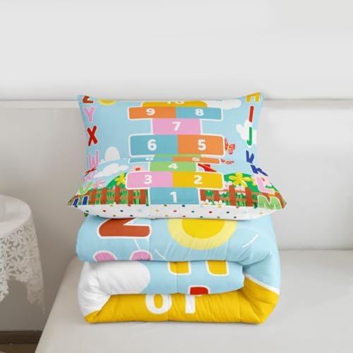 jejeloiu Number Learning Kids Comforter Set Queen Size Alphabet ABC Bedding Set Colorful Educational Duvet Quilt for Kids Boys Girls Bedroom Decor Microfiber Ultra Soft Breathable
