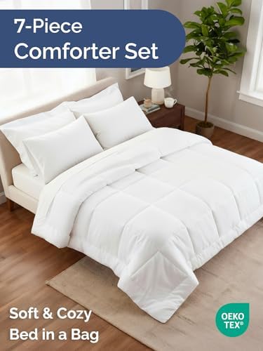 King Comforter Set - 7 Piece Bed in a Bag King Size Bed Set, Soft - White
