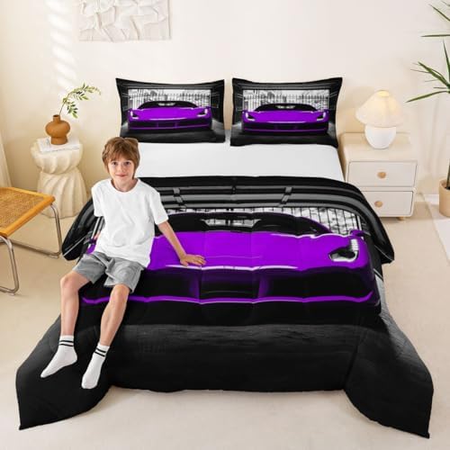 Feelyou Boys Purple Race Car Comforter Set Twin Size Purple Luxury Car Bedding Set for Kids Boys Girls Extreme Sports Duvet Quilt Fast and Furious Bedroom Decor 2 Pcs with 1 Pillow Cases