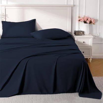 ROSE&RISY Navy King Sheet Set, 4 Pieces Soft Bedding King Sheet Set, Breathable and Cooling Sheet Bed Set, Includes 1 Fitted Sheet, 1 Flat Sheet, 2 Pillowcases - Deep Pocket (Navy, King Size)