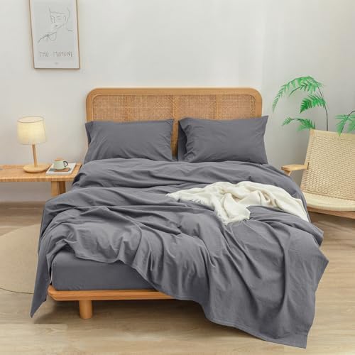 BESTOUCH Queen Washed Cotton Linen Feel Sheet Set 4 Pcs Quiet Shade Grey