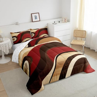 Feelyou Red Burgundy Brown Bedding Set King Size Geometric Comforter Set for Kids Boys Girls Decor Stripes Comforter Microfiber Modern Abstract Duvet Set Bedroom Quilt Set