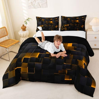 Erosebridal Black and Orange Comforter Set Twin Neon Geometric Checkered Bedding Set for Kids Boys Adults Men,Stereoscopic Grid Plaid Comforter Glowing Square Bed Duvet Set 2 Pcs
