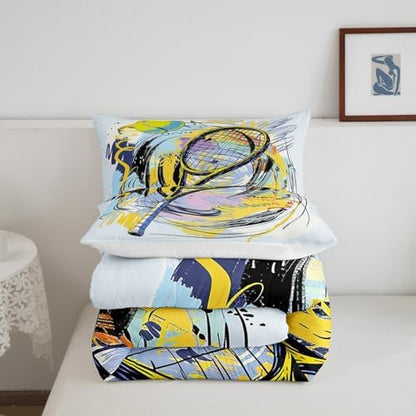Graffiti Tennis Ball Bedding Set Twin Size,Fashion Ball Sports Game Comforter Set for Kids Boys Teens Room Decor,Cartoon Tennis Quilt Set Watercolor Youthful Duvet Insert 2pcs,1 Pillowcase