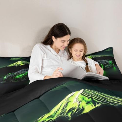 Extreme Sports Car Bed for Boys Green Race Car Comforter Queen Size Kids Racing Cars Quilt Set Boys Room Decor Cool 3D Cars Birthday Decorations for Toddler With 2 Pillow Cases Bedroom Decor-Soft Cozy