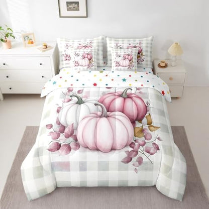 Erosebridal Fall Pumpkin 7 Piece Bedding Set Twin Thanksgiving Comforter Set with Sheets Autumn Buffalo Plaid Bed in a Bag Pink Leaves Bed Sets Comforter