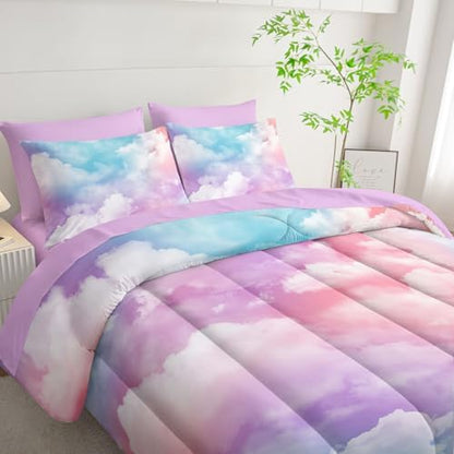 7Pcs Comforter Set Colorful Clouds Printed Bedding Set with 1 Comforter, 1 Flat Sheet, 1 Fitted Sheet and 4 Pillowcases for Boys and Girls Bedroom All Season(Queen)