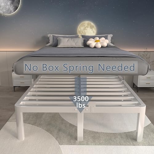 ITIMIDI 14 Inch Full Platform Bed, Heavy Duty Steel, No Box Spring, White
