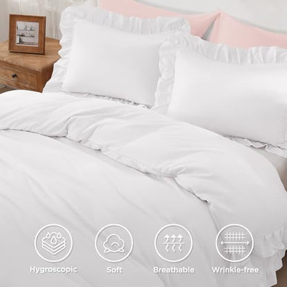 Andency White Ruffle Duvet Cover Queen, Shabby Chic Farmhouse Bedding Set