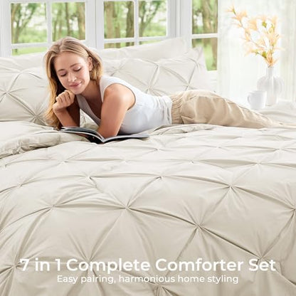Sasttie Oversized Queen Comforter Set, 7-Piece Bed in a Bag, Pintuck Bedding Sets for All Season, Includes Comforter, Flat Sheet, Fitted Sheet, Pillowcases and Pillowshams, Beige