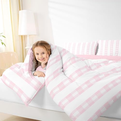 jejeloiu Pink Plaid Comforter Set Full Size Stripes Bedding Set for Kids Boys Girls Check Checkered Duvet Quilt Grid Geometric Bedroom Decor Microfiber 3 Pcs with 2 Pillow Cases