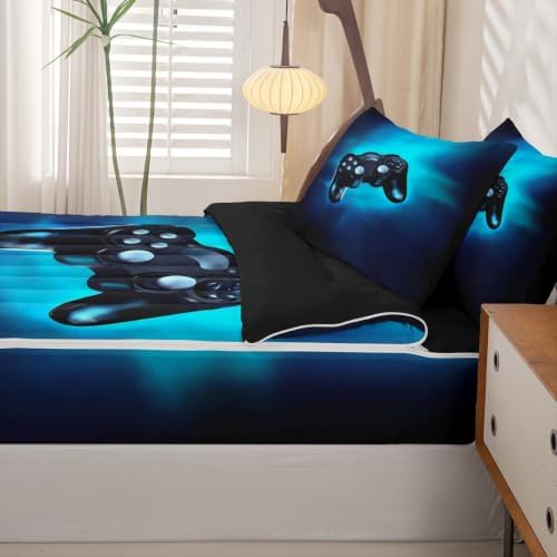 Feelyou Kids Game Comforter Set Zipper Bedding Queen for Boys, Blue All-in-one Zipper Bedding, Easy to Make, Washable, Soft Fabric, Comforter with Fitted Sheet, 2pcs Pillowcases