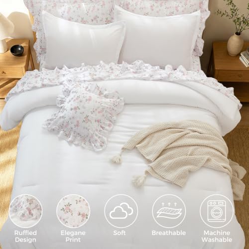 WONGS BEDDING 8PC Queen Comforter Set, Ruffle Comforter with Floral Sheets