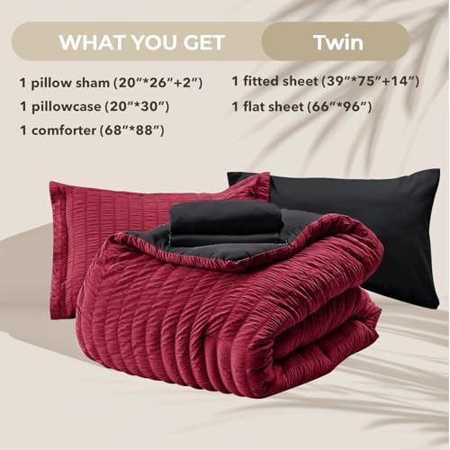 HYMOKEGE Red & Black Twin Comforter Set Seersucker 5 Pieces, All Season Luxury Bed in a Bag for Bedroom, Bedding Set with Comforters, Sheets, Pillowcase & Sham