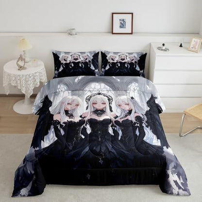 Erosebridal Japanese Anime King Size Comforter Set, Anime Girl Bedding Set Kawaii Japanese Style Quilt Cartoon Japan Animation Duvet Insert for Boys Teens Adult Women Bedroom Decor, Black